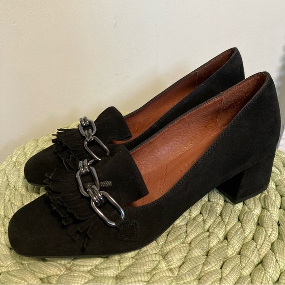 Hispanitas Pandora Black Suede Chain Fringe Slip On Block Heel Loafers Pump NWOB - Picture 1 of 11